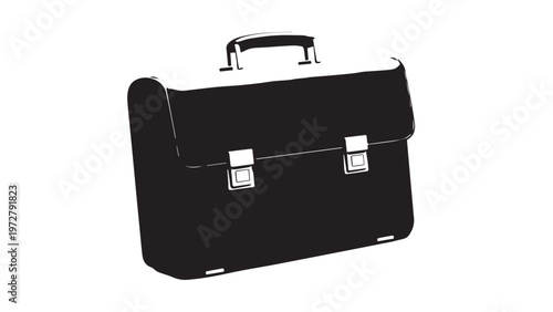 A single isolated black leather business briefcase and travel luggage bag with a silver metal lock and handle
