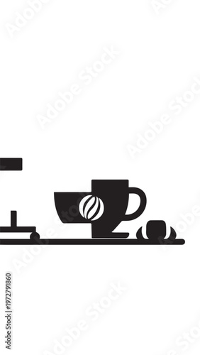 A hot cup of espresso and a porcelain teapot sit on a white saucer, creating a perfect morning breakfast scene with black coffee and tea isolated on a brown cafe table