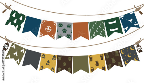 Colorful Camping Style Bunting Flags Garland with Triangular Pennants Summer Camp Decoration Vector Illustration