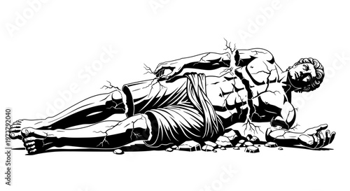 Fallen Giant Statue Vector Stencil Illustration on White Background - Ancient Ruined Colossus Monument Symbol