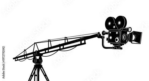 Black and White Vector Silhouette of a Film Production Camera Crane and Jib Arm