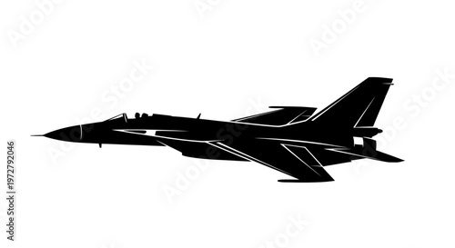 Military Fighter Jet with Swept Wings Vector Silhouette on White Background