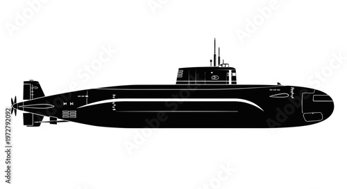 Vector Illustration of a Modern Long Hull Submarine Silhouette on White Background