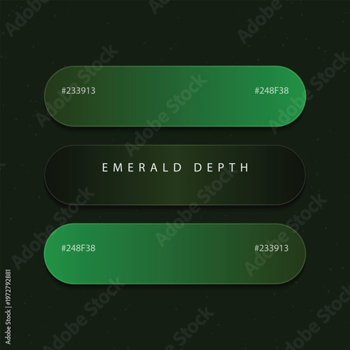 Emerald depth color palette with hex codes, professional green gradient swatches for UI design, dark forest green aesthetic buttons for web development and branding identity projects
