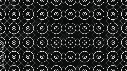 Seamless geometric pattern, white concentric circles and subtle diagonal grid on black. Modern, clean, abstract, minimalist, sophisticated monochrome graphic. Ideal for contemporary
