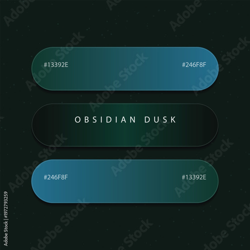 Obsidian Dusk color palette with dark teal and emerald gradients, professional UI design elements with hex codes, moody atmospheric vector swatches for web and mobile app interfaces