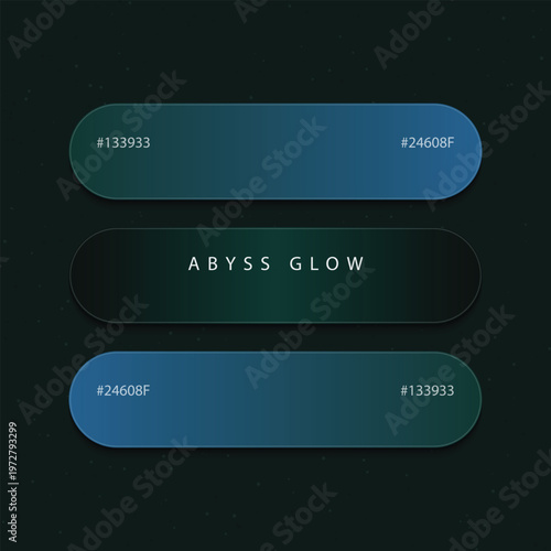 Abyss Glow professional color palette vector, dark teal and navy blue gradient swatches with hex codes, moody atmospheric UI design elements for web and mobile application branding