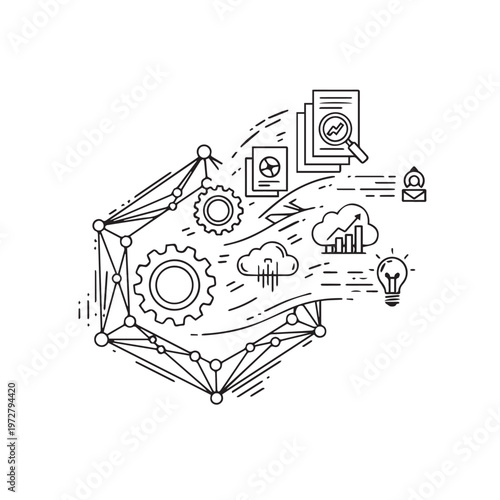 Hand drawn vector illustration of a vintage sketchbook featuring industrial machinery and transport vehicle designs like a train locomotive and construction tractor silhouette