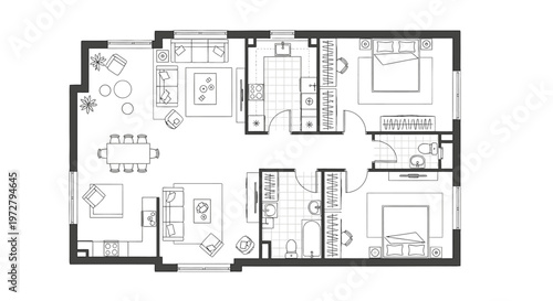 A detailed floor plan of a modern apartment.
