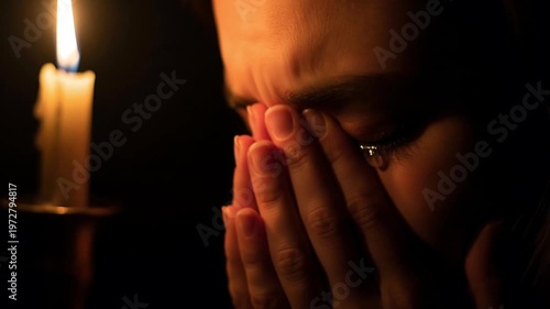 Close-up of a woman crying by candlelight, conveying deep emotion and sorrow