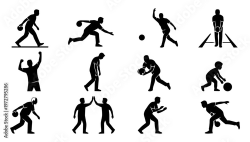 Bowling Player Icons Set – Throw, Strike, Spare and Bowling Action Silhouettes