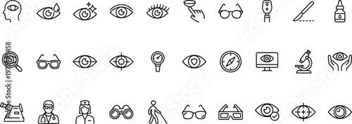 A collection of black and white line icons related to vision and eye care