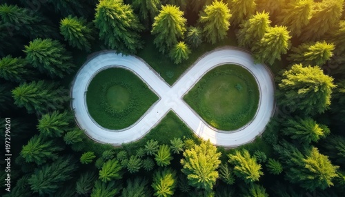 Aerial view infinity road in forest. White path winds through green trees. Symbol of endless journey or everlasting nature, represents future path and ecological cycles.