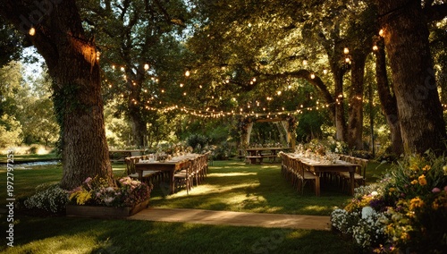 Enchanting Outdoor Wedding Reception Under String Lights in a Forest Setting.