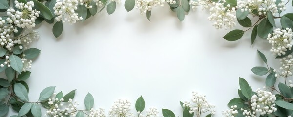 Elegant white floral border with baby breath and eucalyptus leaves. Soft green plants frames blank space perfect for invitations, cards, or event decor.