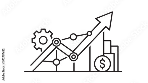 A professional 3D vector illustration of a business growth graph icon featuring an upward arrow symbol to represent financial success and digital communication technology in a modern web infographic d