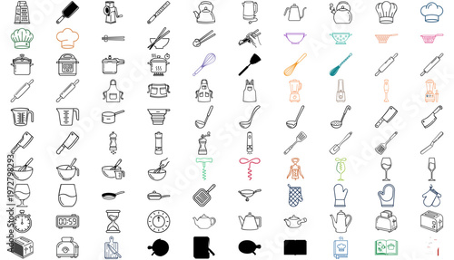 Mega Vector Icon Set of 100 Kitchen Cooking Tools. Minimalist line art bundle featuring appliances, utensils, chef hats, kettles, graters, pressure cookers, and cookware for culinary food design.