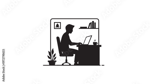 Silhouettes of business people working with laptops and suitcases in an office setting