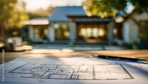 Architectural Blueprint and Modern House Exterior at Sunset.