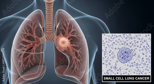 Anatomical illustration of the human lungs highlighting a small cell carcinoma tumor with a microscopic view