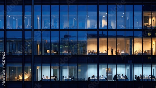 Modern Office Building Facade at Night with Illuminated Windows.