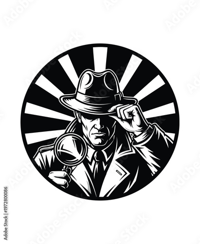 Vector of a detective wearing a hat and trench coat looking through a magnifying glass with a focused expression