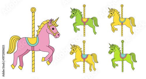 Carousel Unicorns: Pink, Green, Yellow Horses on Poles, Fairground Ride