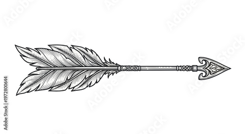 Ornate Feathered Arrow, Vintage Style Illustration, Tribal Design Element