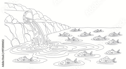 Pollution of River with Dead Fish from Industrial Pipe Discharge