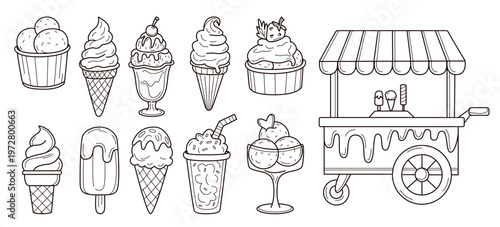 Ice cream set with waffle cones, balls, chocolate topping and decorative sprinkles. Street cart with sweet desserts and sorbents. Milkshake with strawberries and cherries, mint leaves