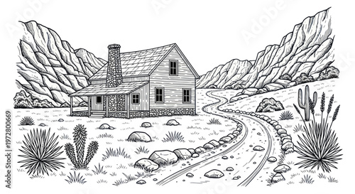 Rustic cabin in a desert canyon landscape with winding road and cacti, hand-drawn illustration