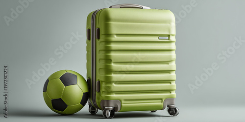 Modern lime green rolling suitcase and a matching soccer ball placed on a clean studio background, perfect for themes of sports tourism, football travel, and active vacation planning