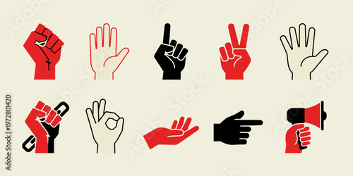 Diverse Hand Gestures Set with Fist Peace Point Open Palm and Megaphone