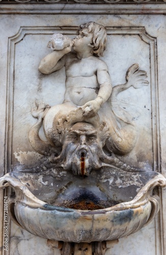 Water Fountain Decorative Art Carving Detail, Historic Pisa Cathedral Exterior Facade, Piazza del Duomo Leaning Tower of Pisa, Tuscany Italy
