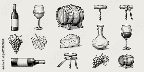 Vintage Engraving Collection Illustrating Wine Production and Tasting Elements
