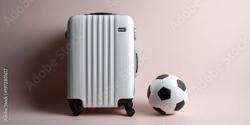 Minimalist studio shot of a white travel suitcase standing next to a soccer ball on a light pink background, ideal for concepts of sports tourism, football tournaments, and fan travel