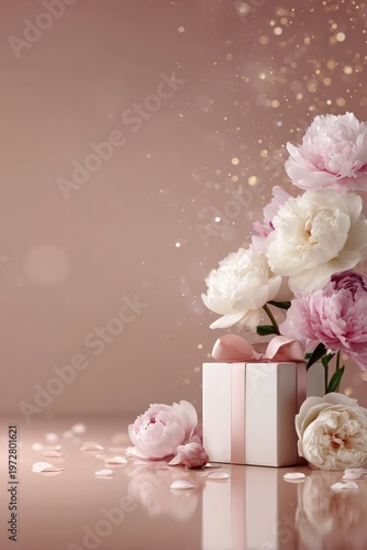Beautiful peony bouquet with gift box and ribbon, dreamy pink backdrop, copy space for seasonal sale messages.