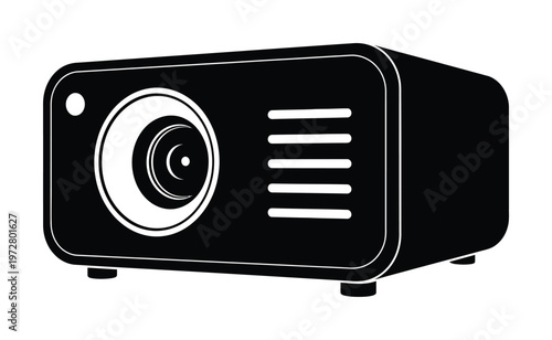 Vector of a projector with a large lens and ventilation grills on the side
