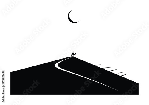 Vector of a single lone person riding a horse along a curved path on a hill under a crescent moon