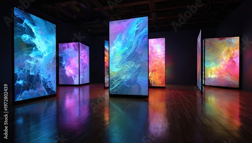 Immersive Digital Art Installation with Vibrant Nebula Projections.
