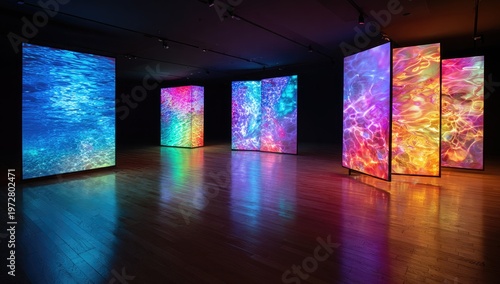Immersive Digital Art Installation with Vibrant Abstract Light Projections.