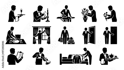 Hotel Service Icons Set – Room Service, Butler, Hospitality and Guest Services Silhouettes