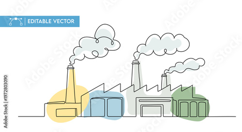Minimalist vector illustration of an industrial factory complex with smoke emitting from tall chimney stacks.