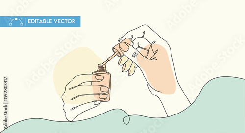 Elegant continuous line vector illustration of female hands applying colorful polish to fingernails during a beauty routine.