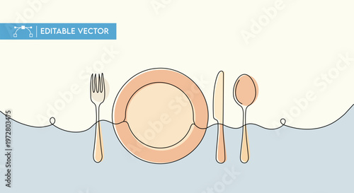 Continuous line art vector graphic of a dining place setting with fork, plate, knife, and spoon.