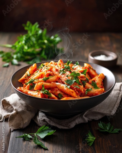 A bowl of penne arrabbiata with spicy tomato sauce, fresh parsley, Parmesan, steam, rustic table