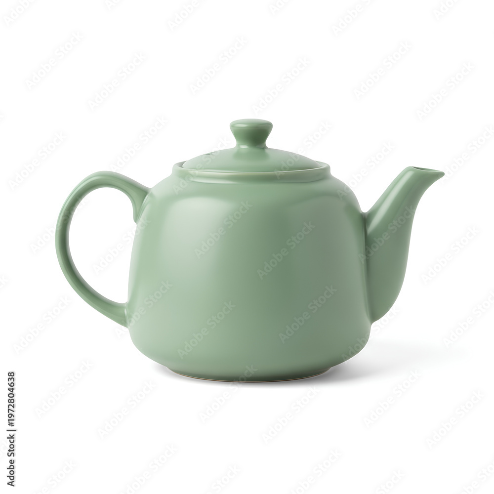Fototapeta premium Green ceramic teapot isolated on white background kitchenware.