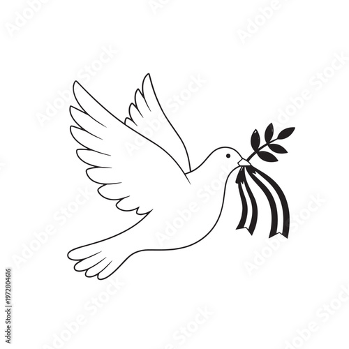Simple vector illustration of a flying dove of peace holding a branch symbolizing freedom and harmony