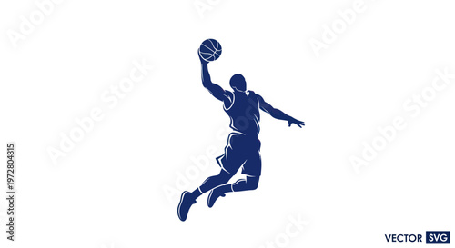 Silhouette of a basketball player dunking a ball, dynamic action pose, isolated on white background