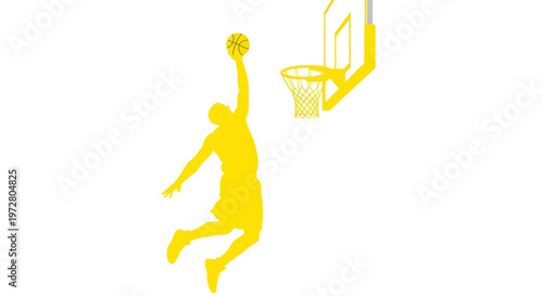 Silhouette of a basketball player dunking the ball into the hoop, yellow on white background